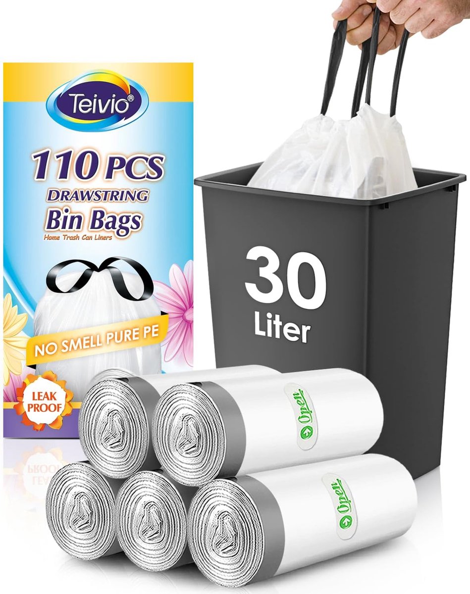 SnelShoppen - 30 liter middelgrote vuilniszakken met stropdaskraan, sterke pedaalvuilniszakken met trekkoord, 110 tellen voor 25-30L prullenbak, ideaa