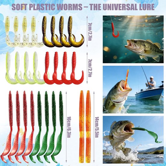 Thijox - 71 Stuks Kunstaas Kit voor Vissers - Compleet Visgerei Doos met Crankbaits voor Bas, Zalm, Snoek - Zachte Wormen en Spinner Kunstaas voor Zou van Thijox — afbeelding 3