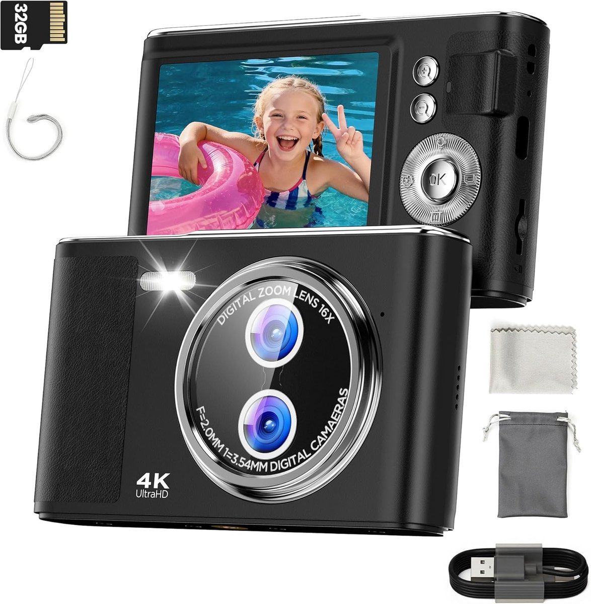 SnelShoppen - 32GB Draagbare Digitale Camera voor Kinderen: 48MP 16x Zoom Vlogcamera met Anti-Trilling, Foto Filter, Continue Fotografie en Autofocus