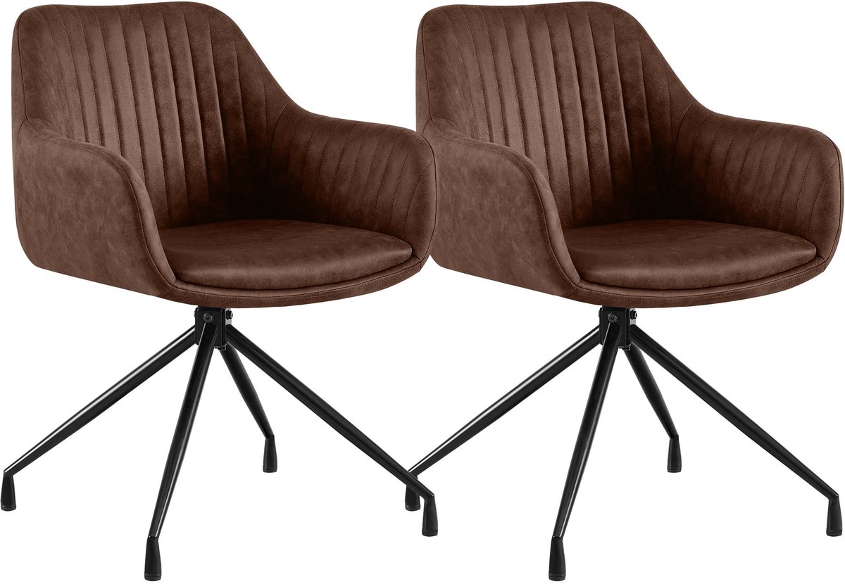 CLP Novanis Eetkamerstoelen Set van 2 - Draaibaar 180° met Terugkeerfunctie - Armleuningen - Metalen Frame Vintage kunstleer/donkerbruin