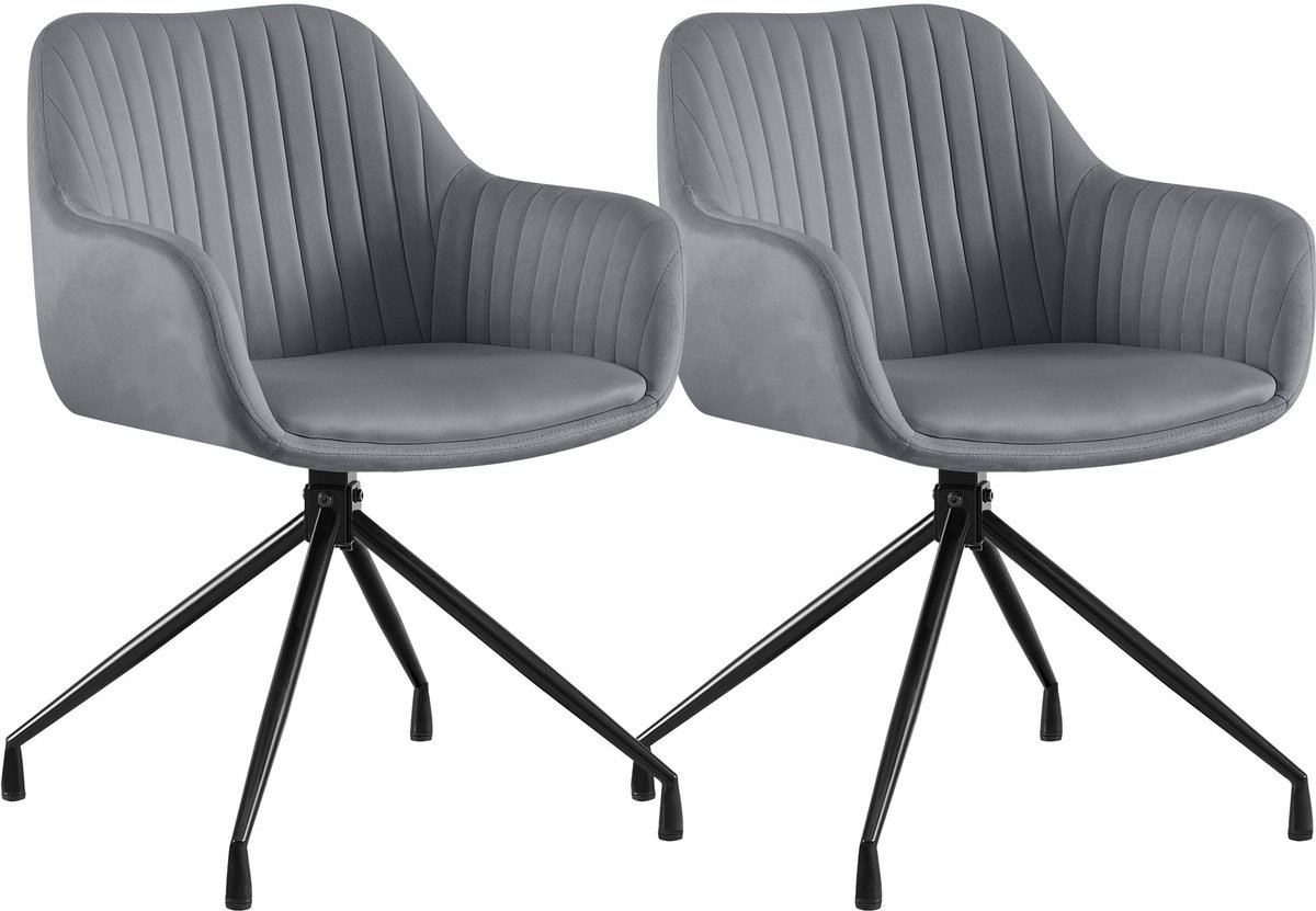 CLP Novanis Eetkamerstoelen Set van 2 - Draaibaar 180° met Terugkeerfunctie - Armleuningen - Metalen Frame Fluweel/donkergrijs