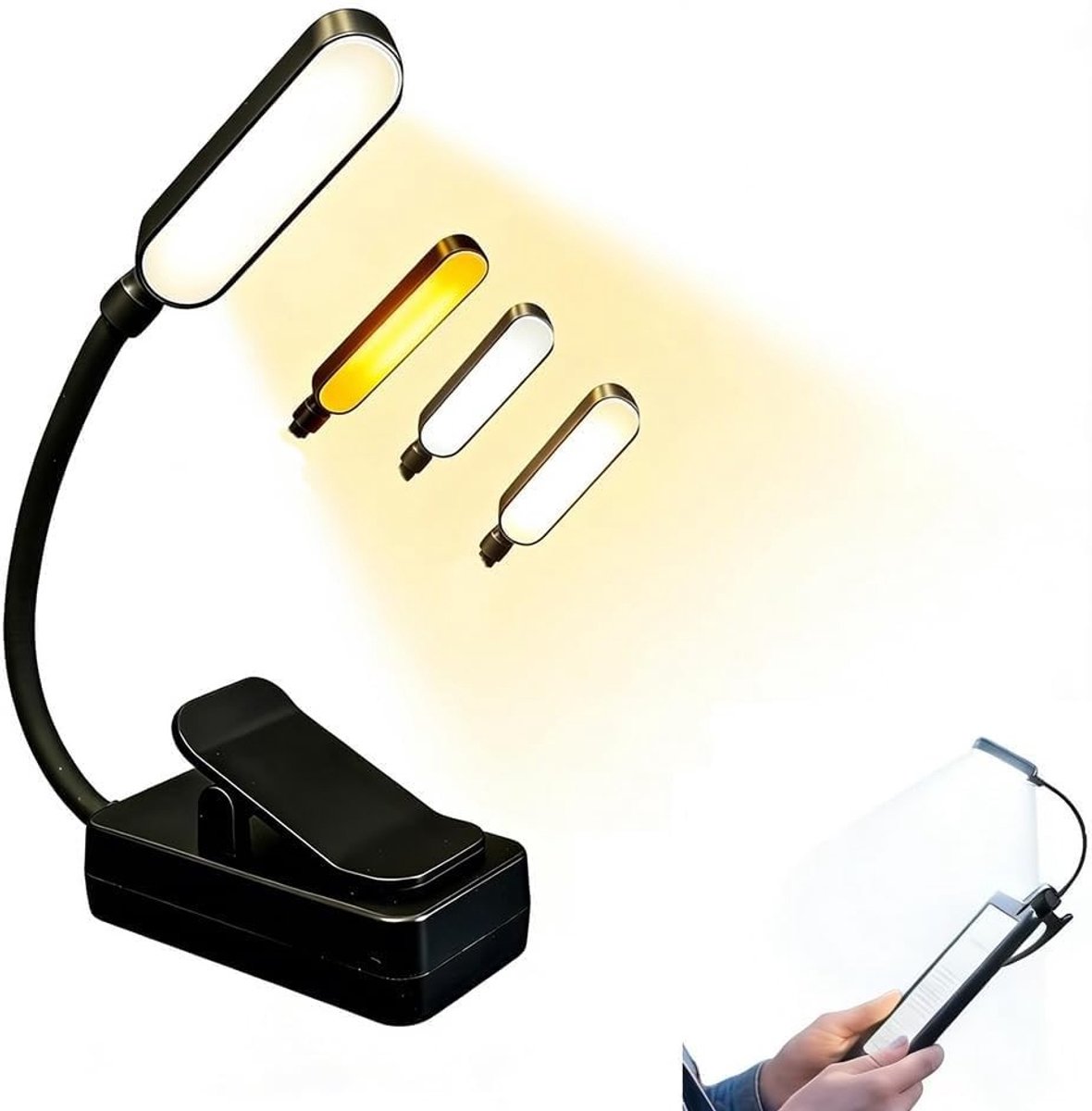 Flexibele leeslamp met clip en 11 LED's voor oogbescherming, 360 graden draaibaar, 3 kleurmodi en helderheidsniveaus, ideaal voor lezen in bed en onderweg, draagbaar en duurzaam