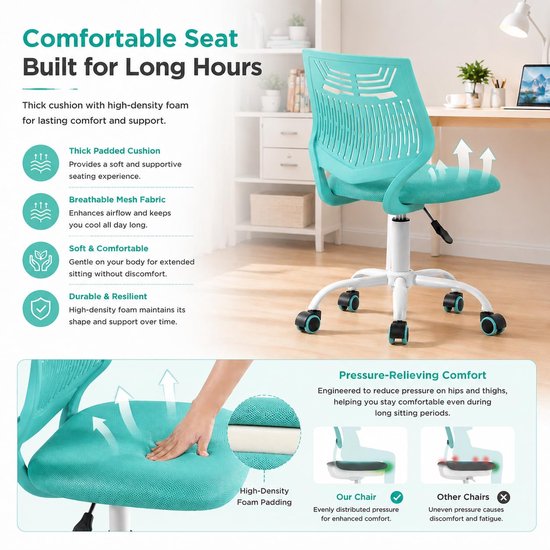 SnelShoppen - Gaming stoel voor kinderen, ergonomisch bureaustoel met zithoogteverstelling, mouwloos design, rubberen wielen, turquoise F voor gamers van snelshoppen — afbeelding 3