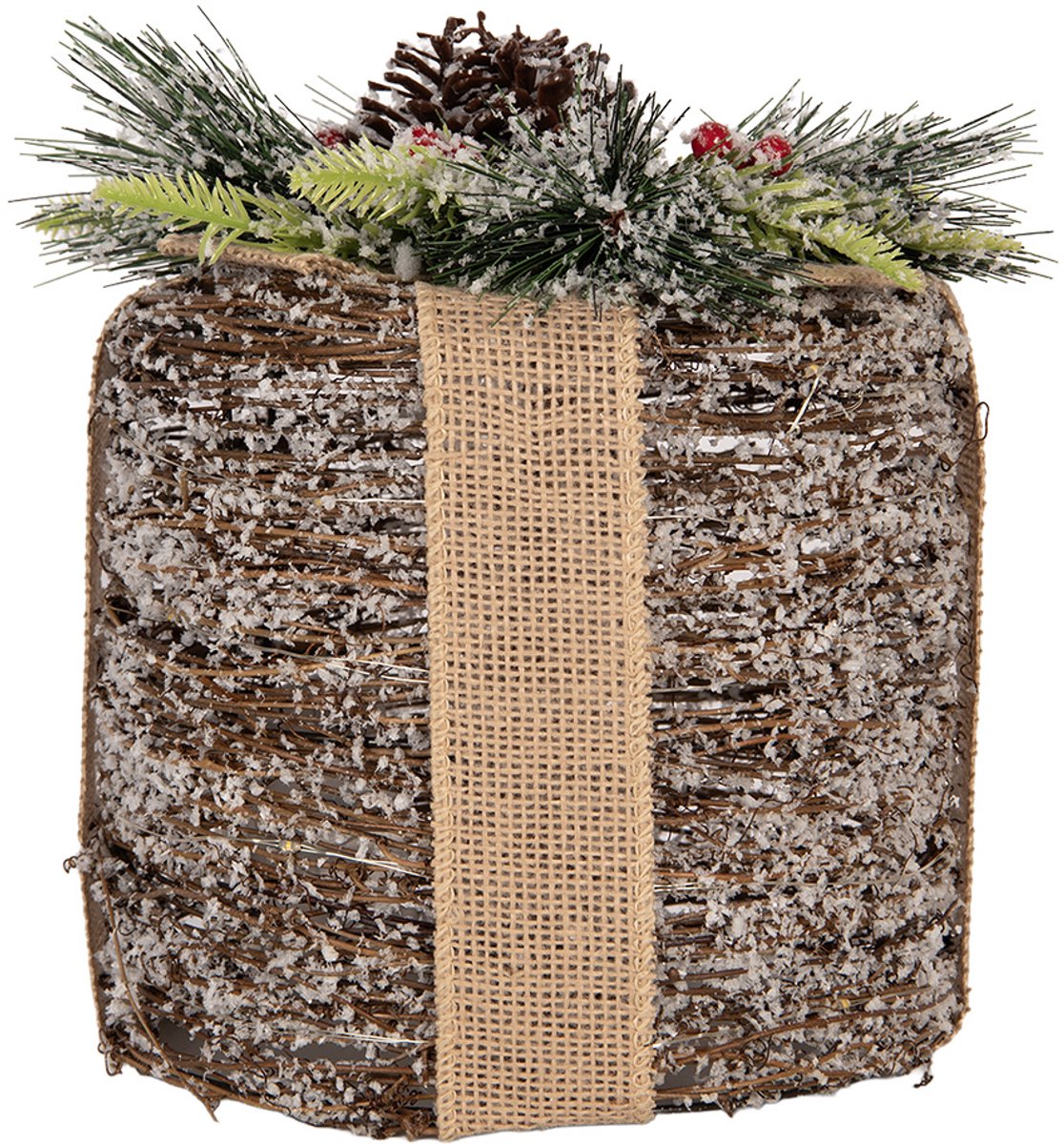 Clayre & Eef Kerstdecoratie met LED-verlichting Cadeau Ø 20x25 cm / 3xAA Bruin Rotan