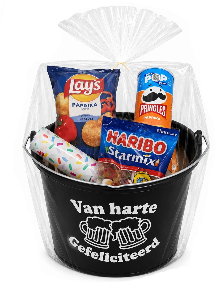 Emmer - Van harte gefeliciteerd in geschenkverpakking - Gevulde cadeau emmer - met tekst - Verpakt in cellofaan - 12 liter - zwart - Verjaardag man & Vrouw - Jubilieum cadeau - Geslaagd cadeau