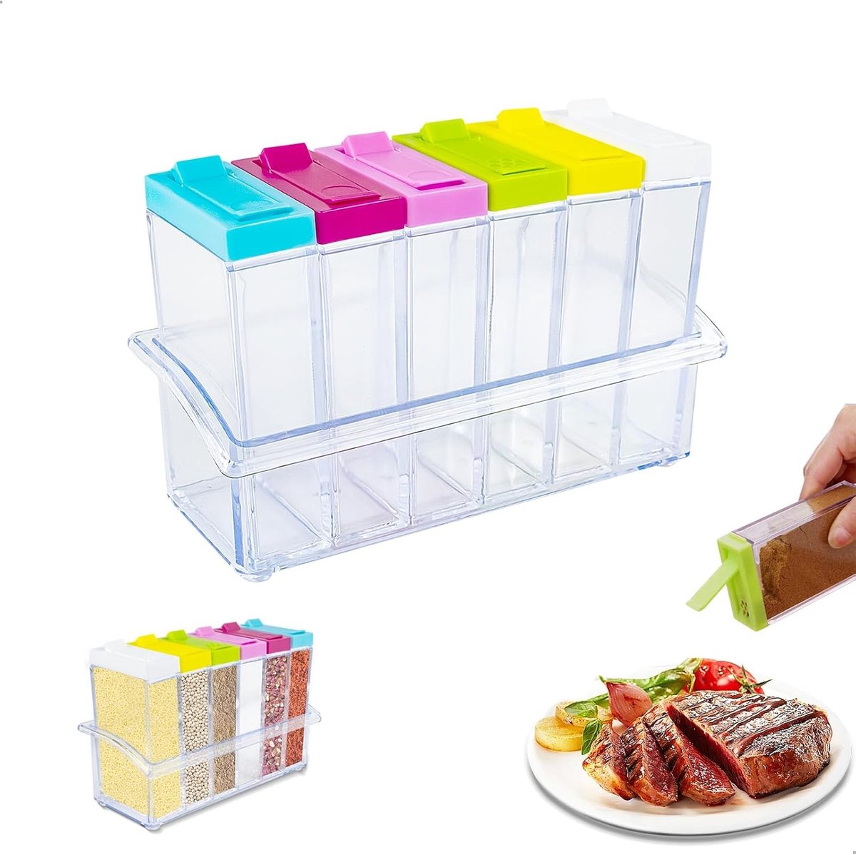 Kruidenpotjes - Set van 6 - Transparante Kunststof - Met Dienblad - Voor Keuken en Camperen