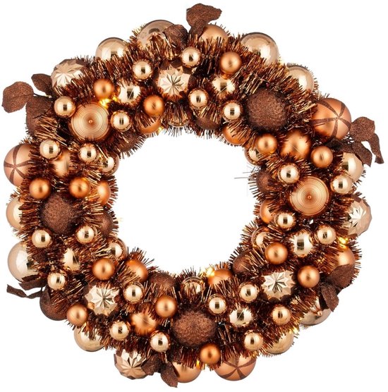 Mica Decorations Kerstkrans met Verlichting - Deurkrans H8,5 x Ø47 cm - Kerst Krans met Timer en Kerstballen - Multifunctionele Kerstversiering - Bruin