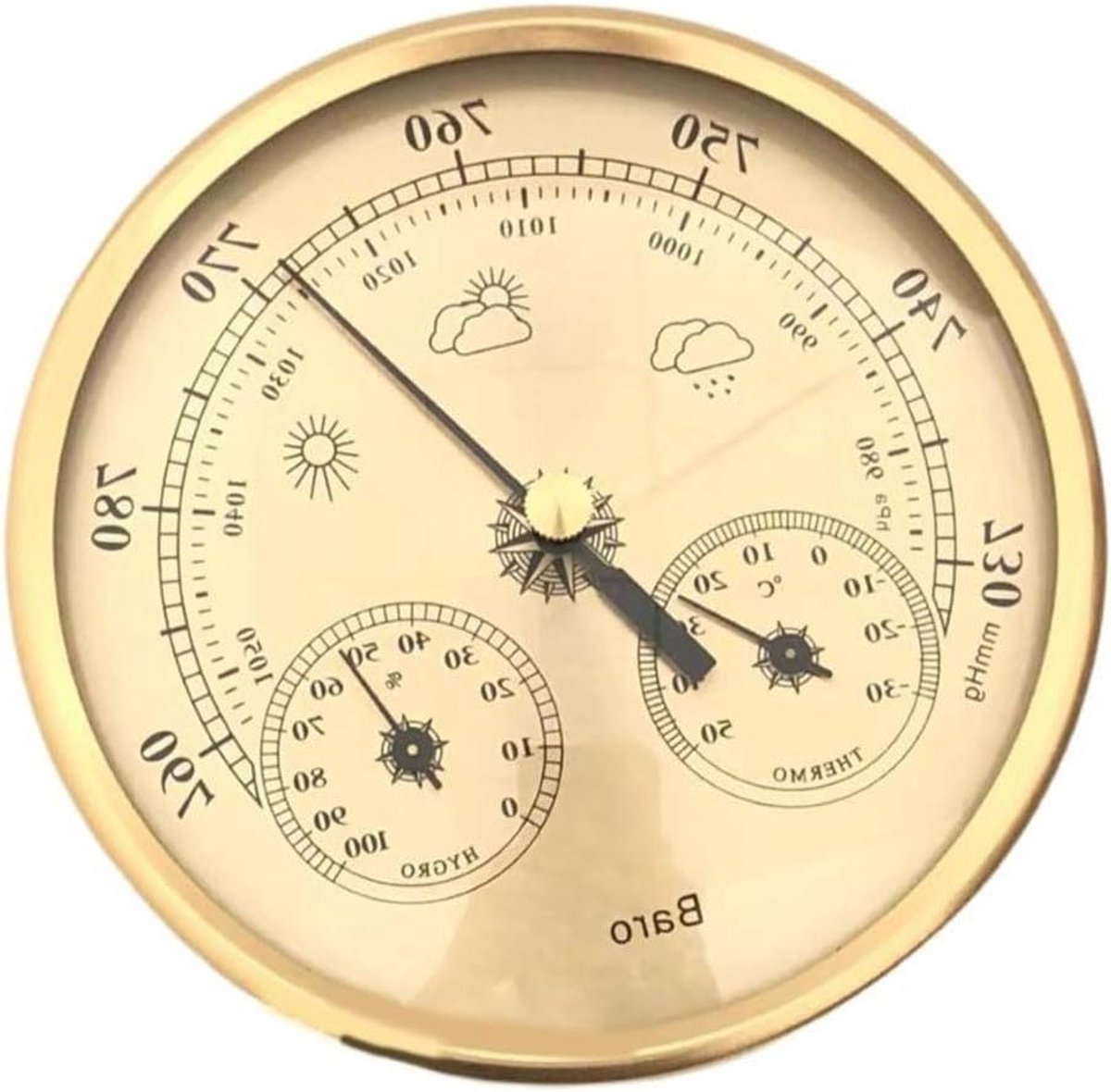 Weerstation Barometer - Druk thermometer hygrometer - Weer voorspellen - 3-in-1 metaal - 130mm - Goud