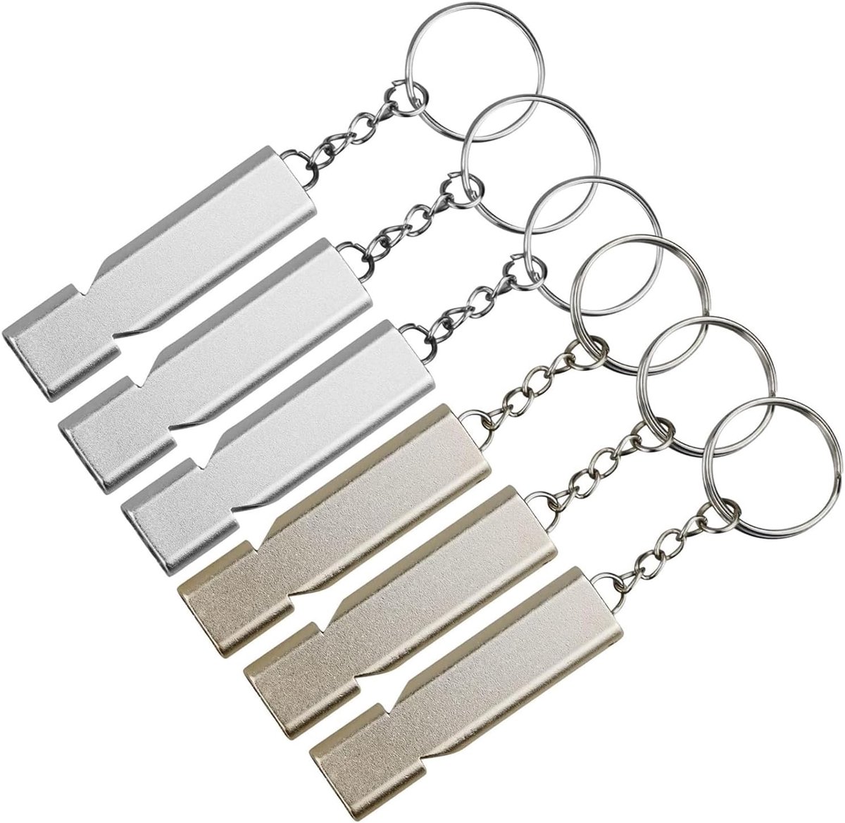 SnelShoppen - Pack van 6 Metalen Fluitjes met Lanyard Dubbele Buizen Sleutelhanger voor Jagen, Wandelen, Buitensporten, Kamperen, Hondentraining