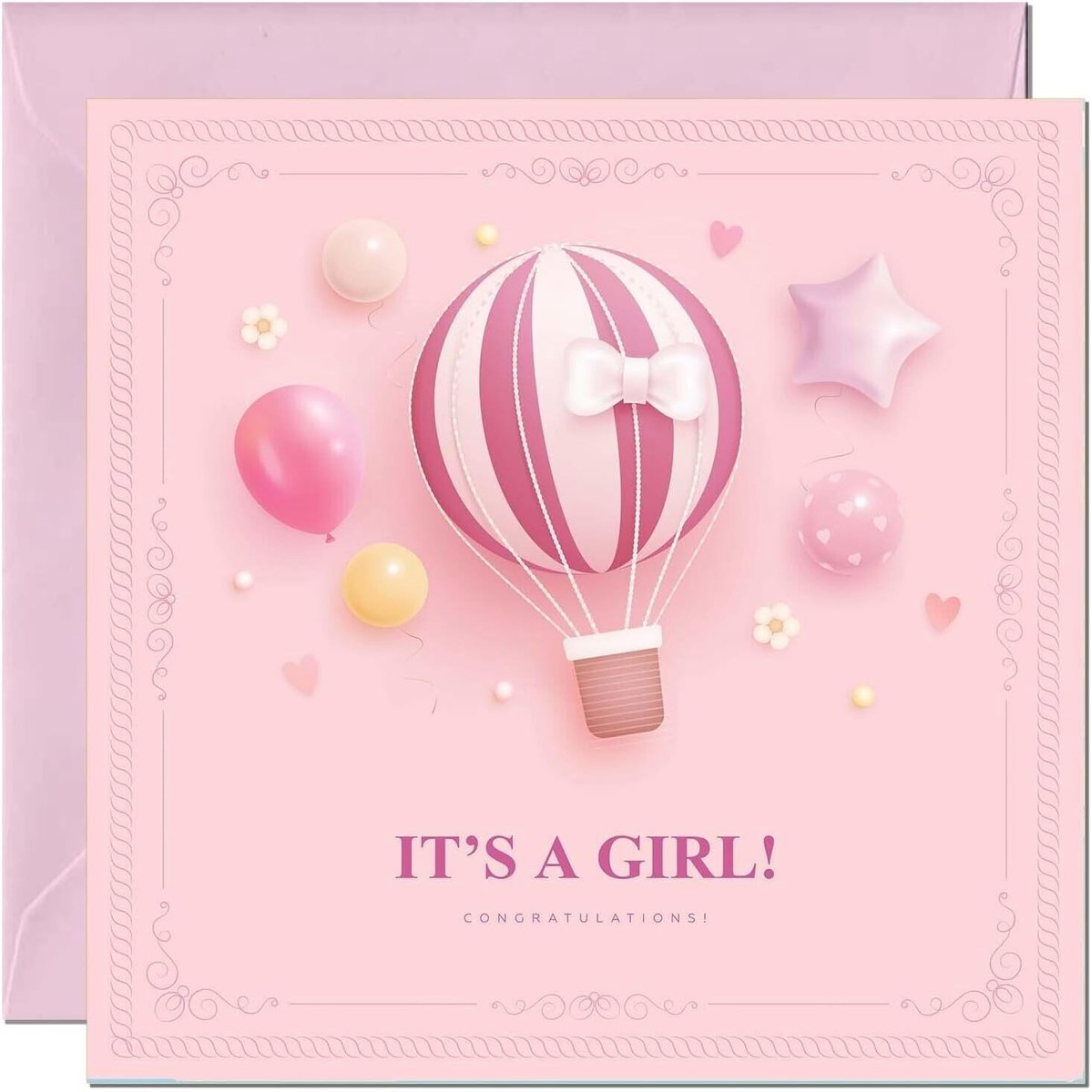 SnelShoppen - It's a Girl - Geboorte Felicitatiekaart voor Babyshower 145mm x 145mm - Luxe Ivoor Envelop - 350gsm Gerecycled Karton - Perfect voor Nie