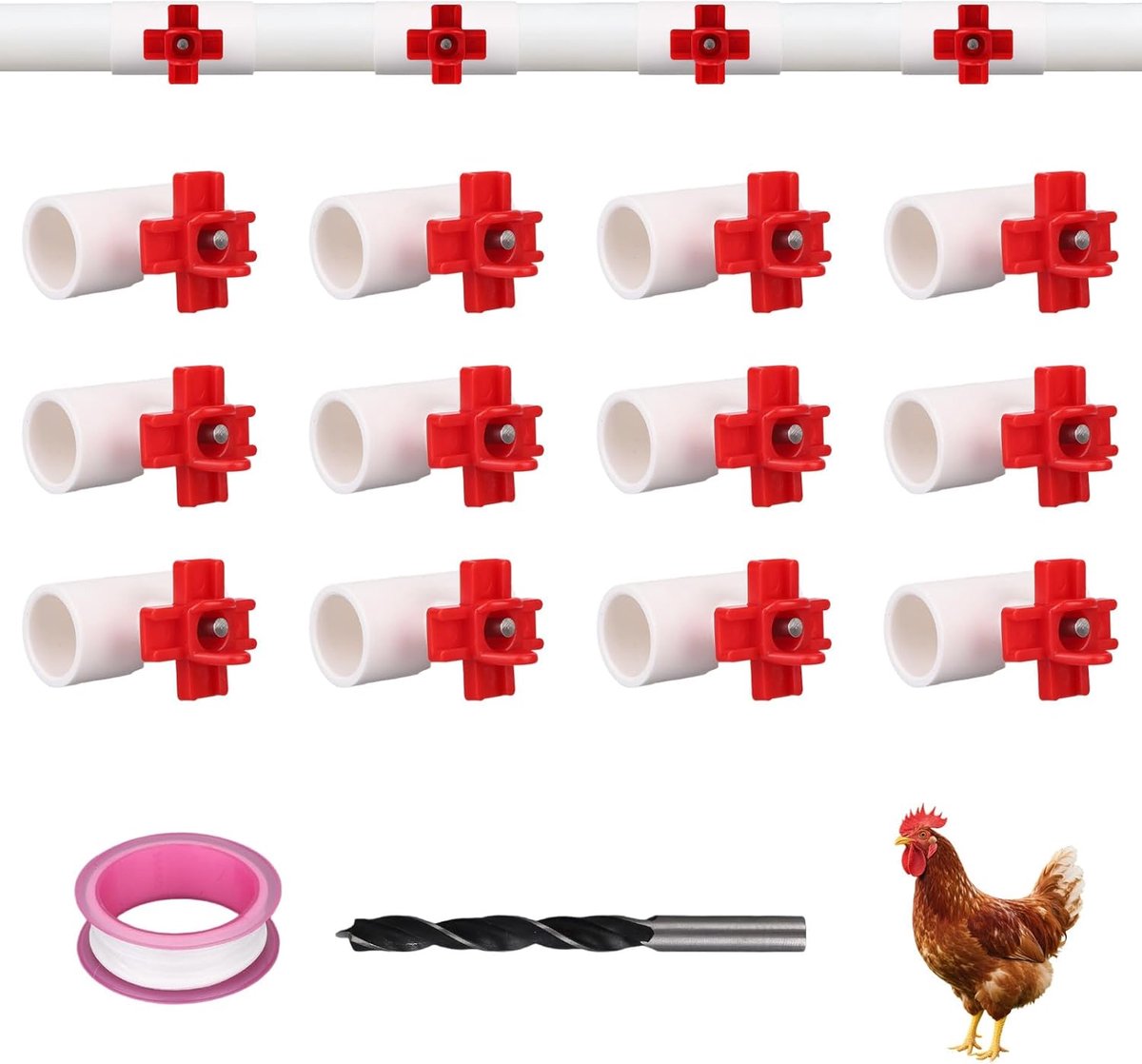 SnelShoppen - Pack van 12 Horizontale Drinknippels voor Kippen met 1/2'' PVC T-stukken, DIY Automatisch Drink Systeem voor Kippen, Eenden, Kwartels, G