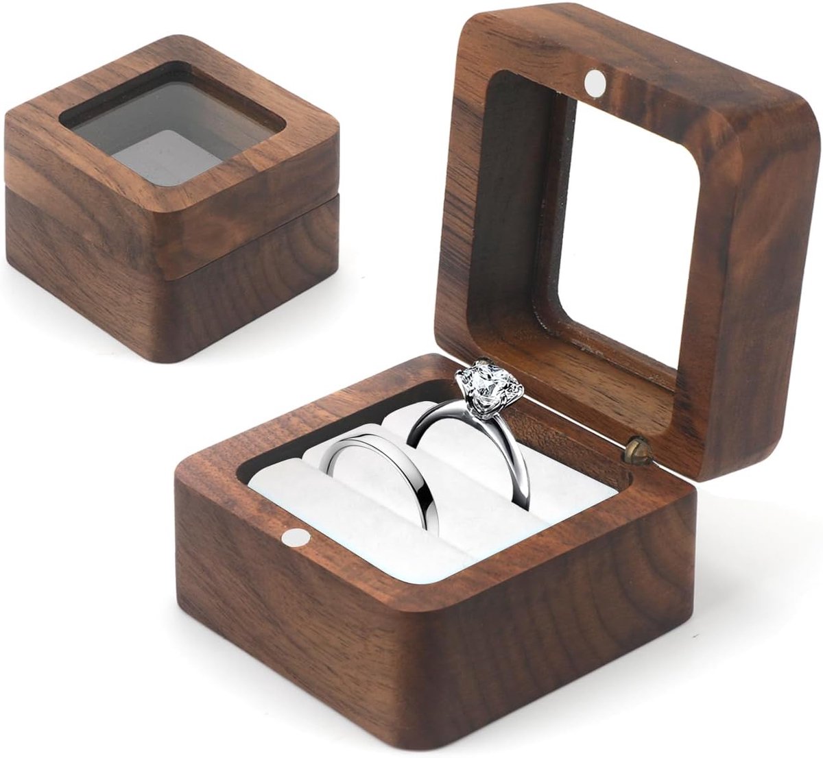 SnelShoppen - Houten Ringdoos voor Trouwen, Burgerlijke Registratie, Decoratie, Vierkante Ring Box met Transparant Venster, Witte Velours Bedekking, W