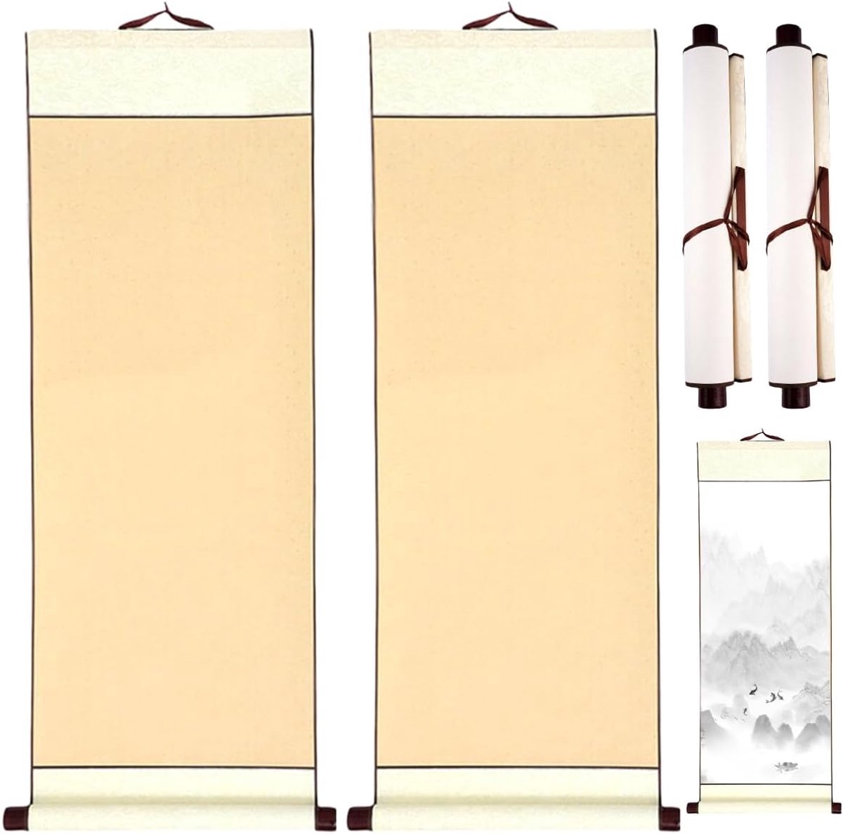 SnelShoppen - 2 Stuks Chinese Rollen Calligrafie, 80 x 30 cm Lege Papierrollen met Houten Stokken, Xuan Papier Scroll voor Schrijven en Wanddecoratie