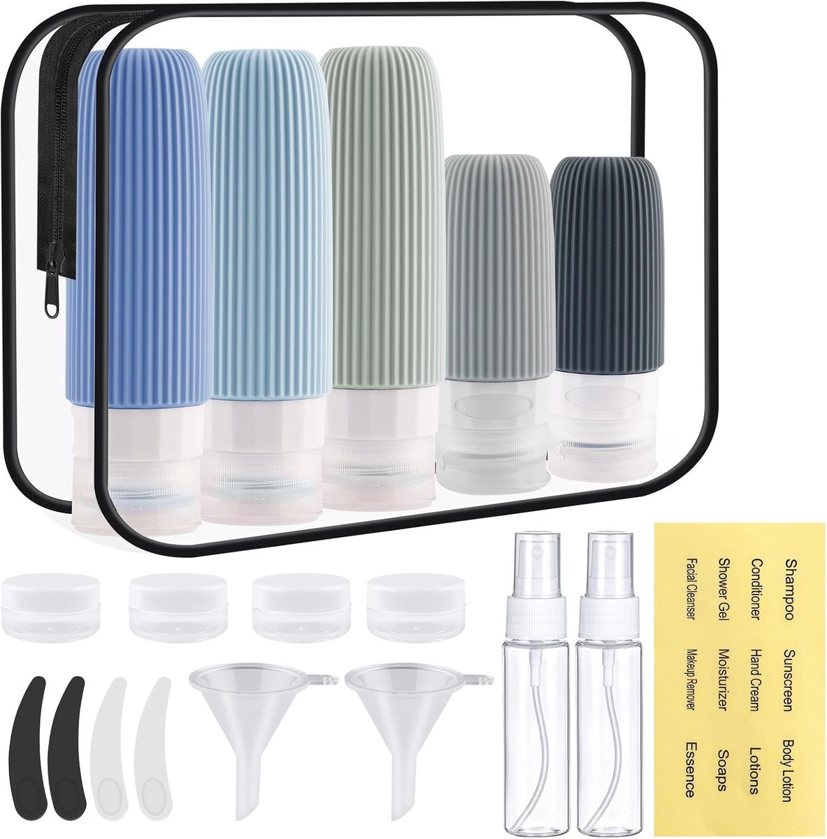 SnelShoppen - Reislapjes voor Vliegtuig, 19 Stuks, Transparant, Silicone Herbruikbaar en Waterdicht, Lege Flessen voor Shampoo, Crème, Vloeistoffen en