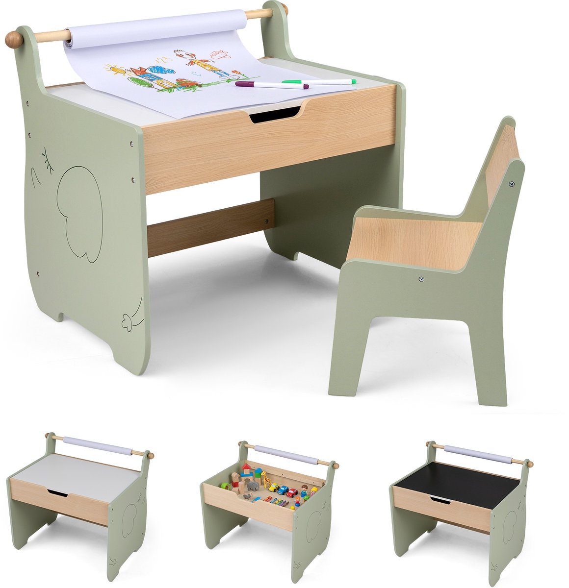 COSTWAY Kindertafel met stoel, 3-in-1 kinderzitgroep van hout met omkeerbaar en afneembaar tafelblad, schildertafel voor kinderen met opbergruimte en papierrolhouder, zitgroep voor kinderen vanaf 3