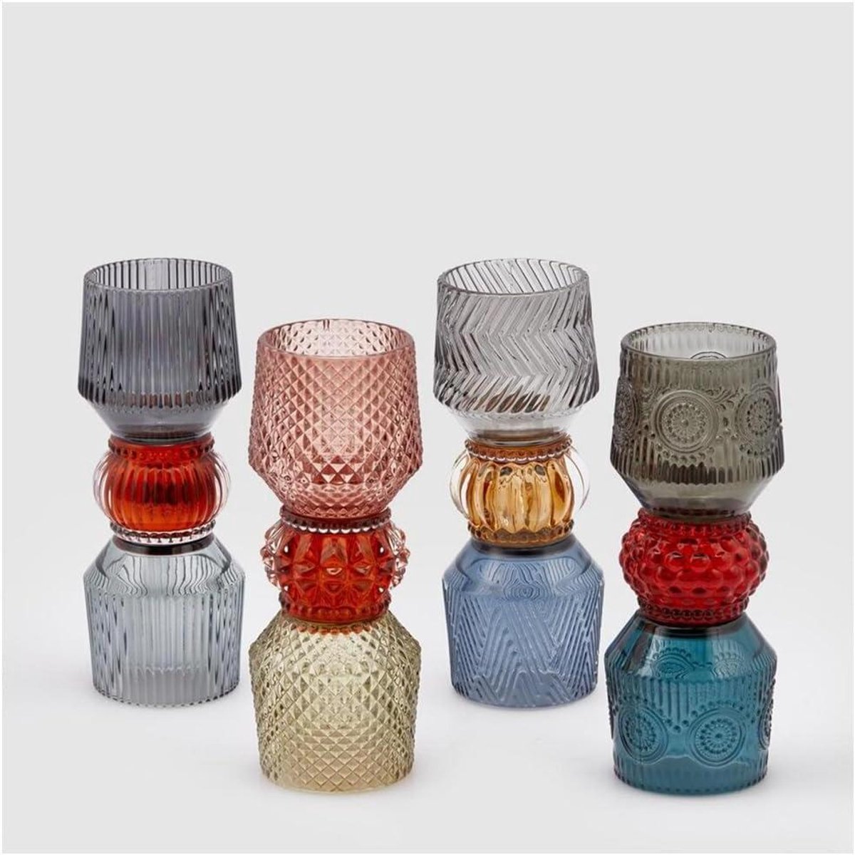 Glazen Kaarsenhouder - Theelichthouder Glas - Sfeerverhogend Huis - Met Embossed Decoraties - 21 x 8 cm - Meerkleurig
