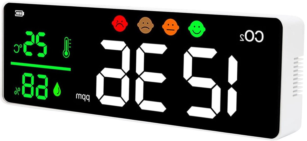 Luchtkwaliteitsmonitor - CO2-detector Binnenlucht - Gezonde Lucht Bewaken - Nauwkeurige Infraroodmeting - 14 Uur Batterij - Wit