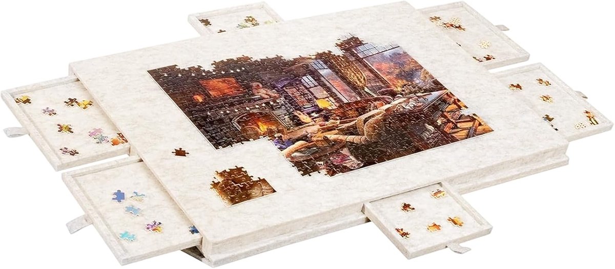 SnelShoppen - Kantelbare Puzzeltafel 1000 Stukjes met 6 Laden, Draagbaar Puzzelbord met Vilten Oppervlak, 2-in-1 Standaard, Lichtbeige, Ideaal voor Th
