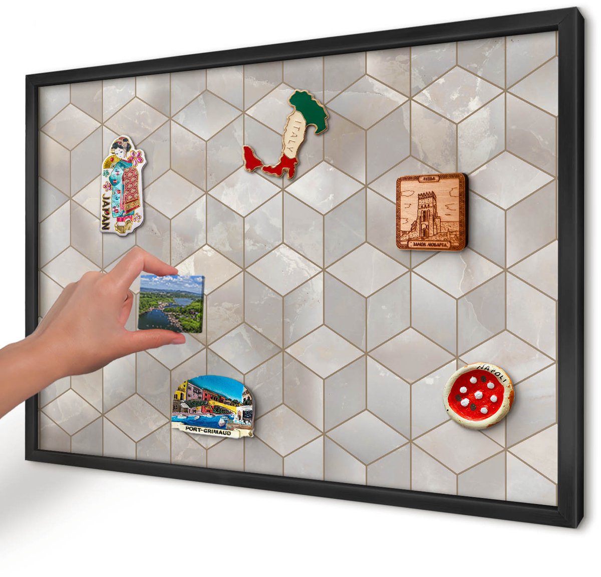 Artprintcave Beige Magneetbord mit Zwart Frame - 60x40 cm - Kubieke Achtergrond Magnetische Organizer - Geometrische Magneetbord Voor Keuken - Geometrie