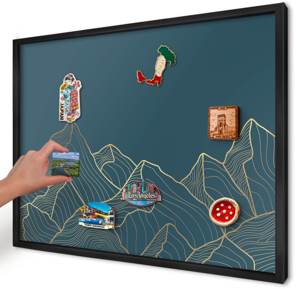 Artprintcave Blauw Magneetbord mit Zwart Frame - 70x50 cm - Bergminimalisme Magnetische Organizer - Minimalist Memobord Keuken - Landschappen