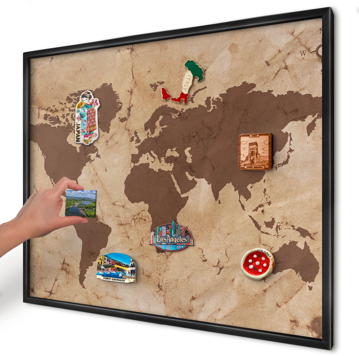 Artprintcave Bruin Magneetbord mit Zwart Frame - 80x60 cm - Wereldkaart Magnetisch Bord - Vintage Magneetbord Voor Foto's - Kaarten