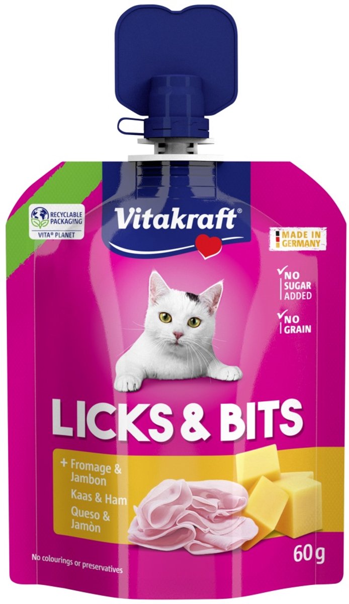 Vitakraft Licks & Bits Kat Kaas & Ham 1 x 60 gr - Kattensnack - Liquid Snack