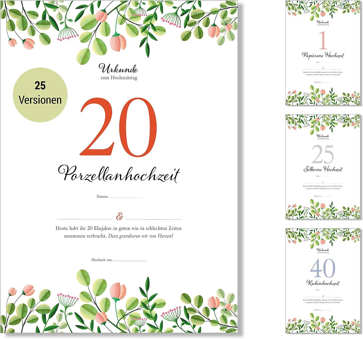 Cadeaus voor de 20e huwelijksdag | huwelijksjubileum | porselein bruiloft | oorkonde trouwdag cadeau-idee | bloemen | voordruk in DIN A4-formaat