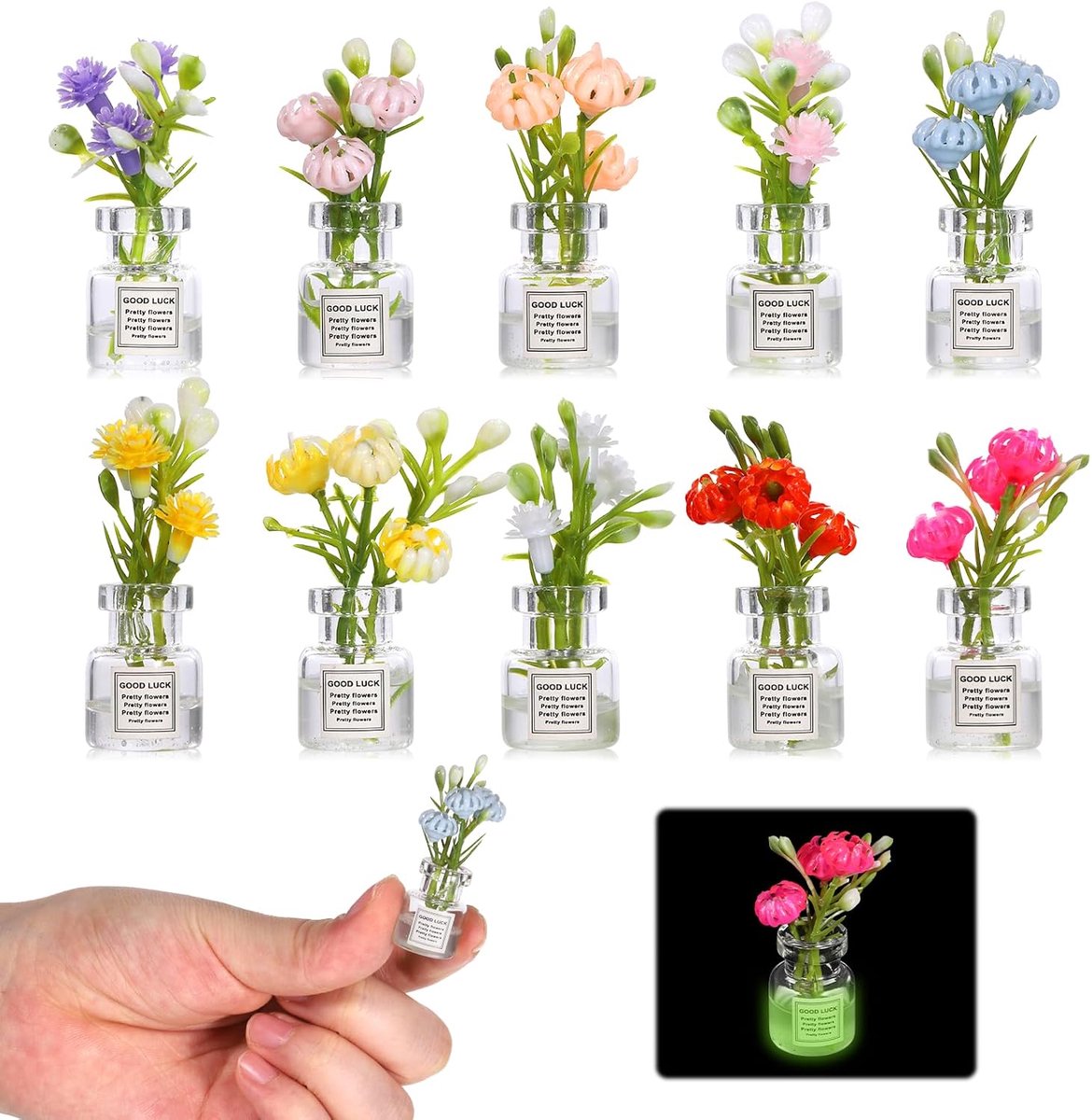 10 stuks poppenhuis plant in vaas miniatuur bloemen realistische glazen vaas bloemen huis decor faux kleine plantenarrangementen decoratie voor kleine huisjes micro landschap tuin accessoires