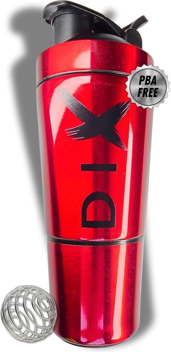 SnelShoppen - XL Shaker 750ml RVS Sportfles met 60g Compartiment voor Poeder - BPA Vrij - Rode Sportdrankfles voor Fitness en Sport