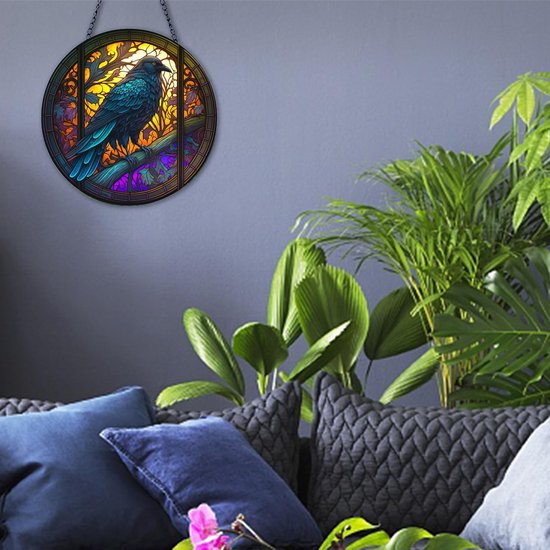 SnelShoppen - Acryl ornamenten Raaf en Kraai glas in lood raam opknoping, glas in lood kraai suncatcher voor vogelliefhebbers, Halloween herfst decor, — afbeelding 3
