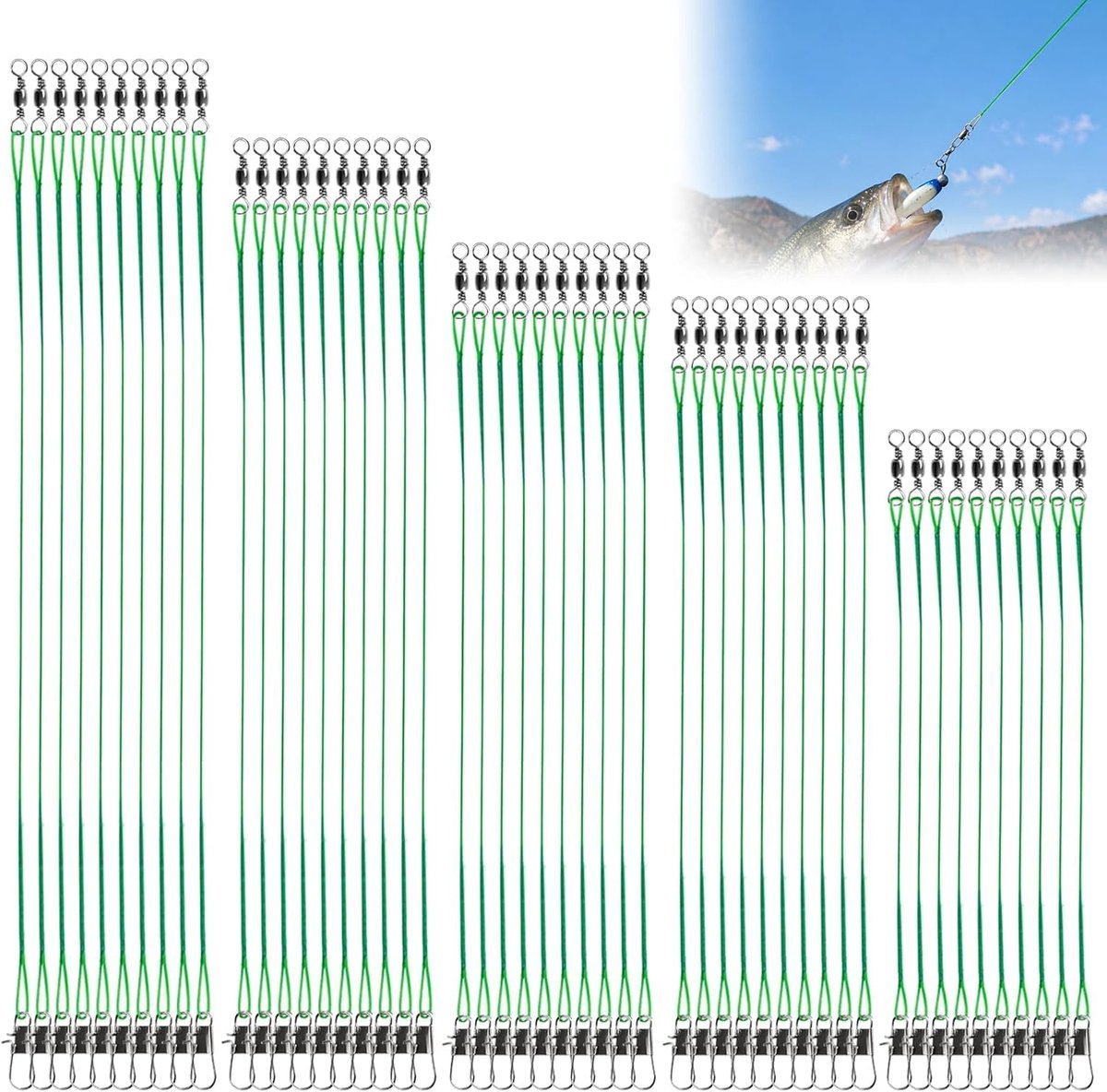 100 stuks stalen leiders snoek visset met wervels en snaps | 5 maten vissen visaccessoires roofvissen 10/15/20/25/30 cm, leiders voor spinvissen, voor zoutwater en zoetwater