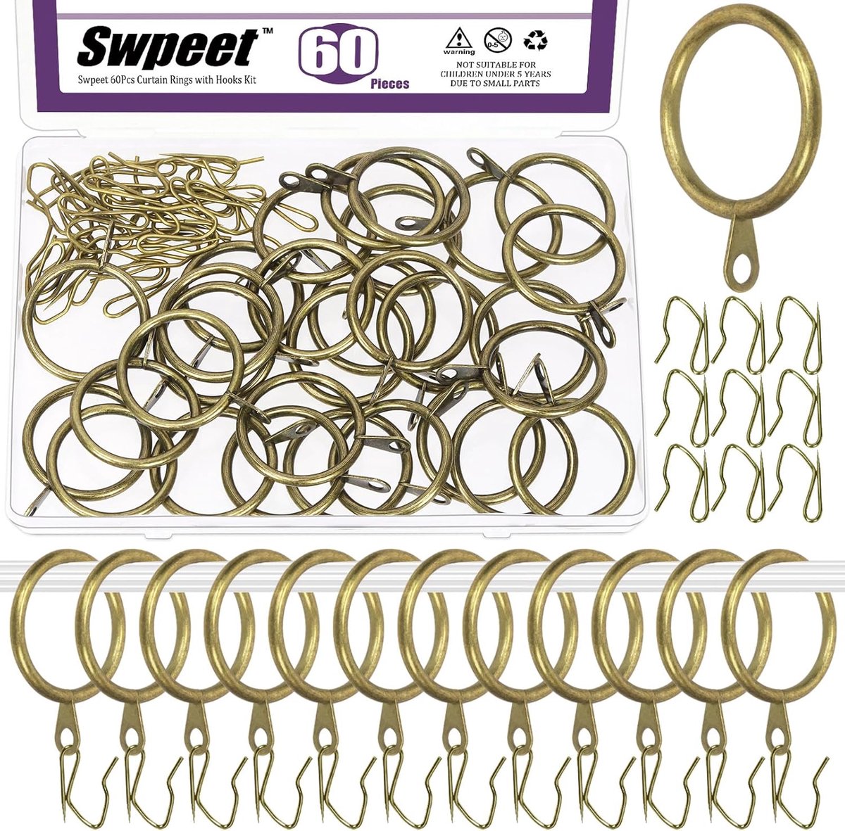 SnelShoppen - 60 Stuks Gordijnringen 32mm Bronzen Metaal met Pin-on Draperij Haken Set voor Raam en Douchegordijn - Ideaal voor Thuis en Kantoor