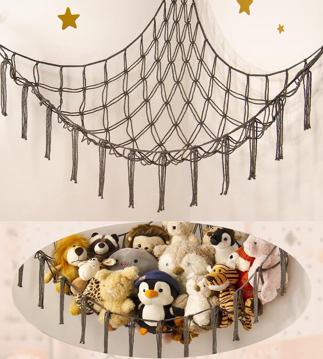 Knuffel Hangmat - Dieren Opslag - Speelgoed Organiseren - Macramé Katoen - 41"x41"x55" - Grijs