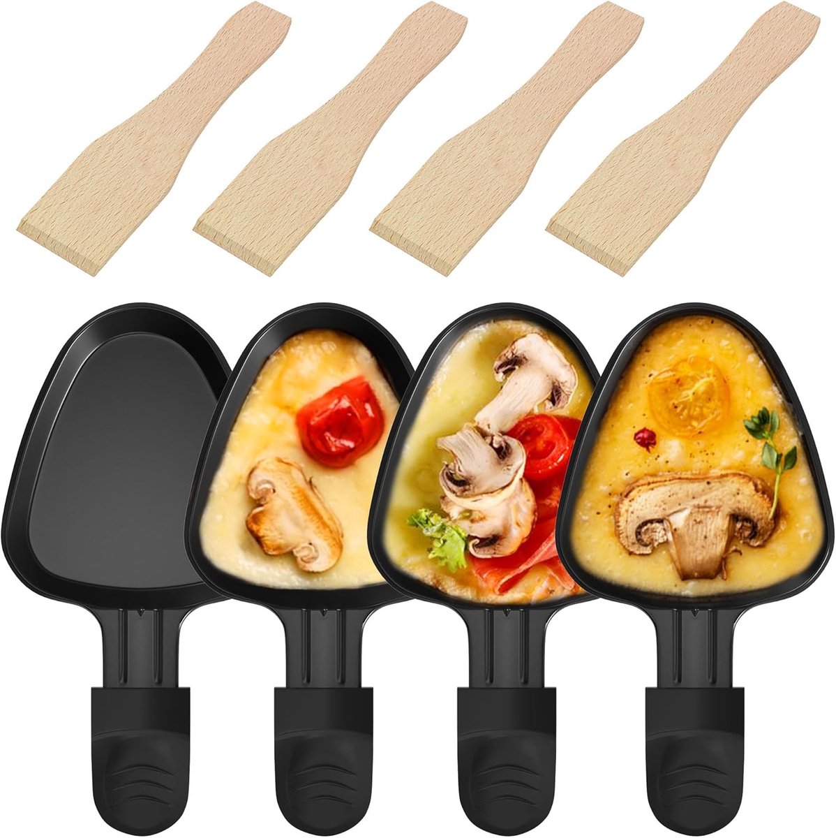 Set van 4 driehoekige raclettepannetjes met zwarte handgrepen + houten spatel, professionele antiaanbaklaag, 18,34 cm, innovatief design