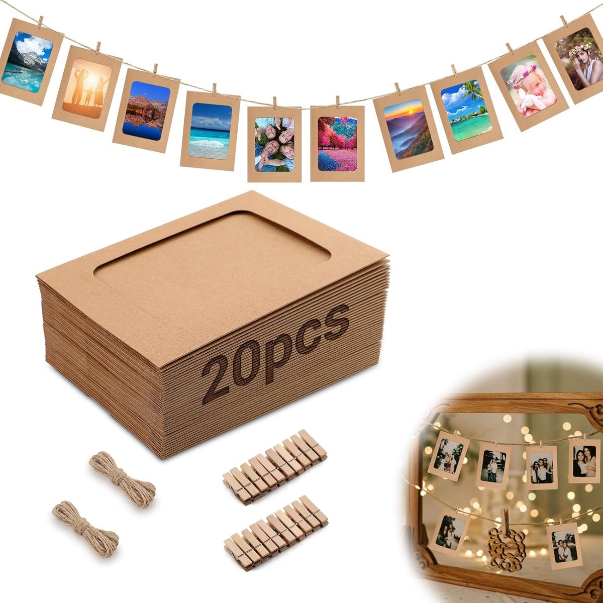 Mbsomnus 20 stuks papieren fotolijsten 10 x 15 cm fotolijn met knijpers fotoslinger bruin met 20 houten klemmen 2 - ShopVlot