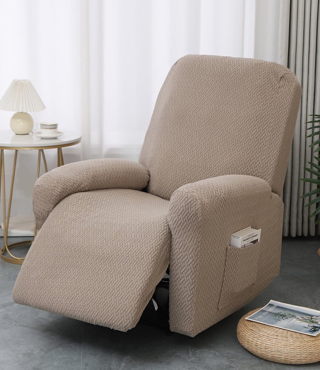 1-zits Jacquard-overtrek voor relaxstoel, relaxslipcover voor elektrische stoel met zakken, 4 stuks rekbare relaxbankhoezen, antislip fauteuilhoezen, bankslipcovers beschermer - Kaki