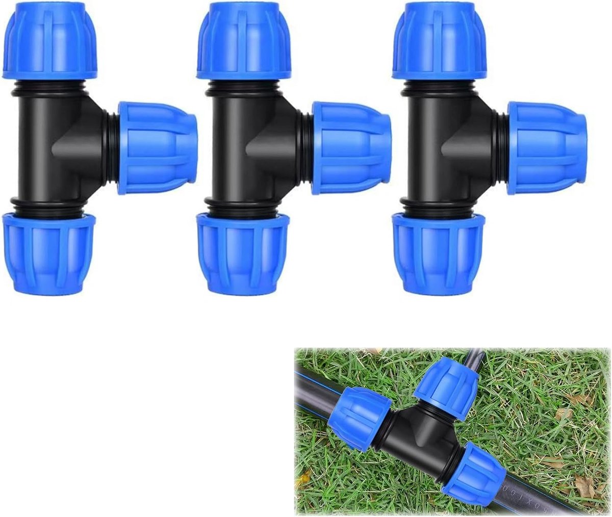PE-buisfitting 20mmx20 mmx20 mm, schroefverbinding PN16 DVGW, drinkwatergecertificeerd,3 stuks, lemconnector van PP voor PE80,PE100-buizen,voor watervoorziening en tuinirrigatie