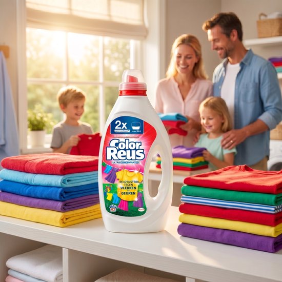 Een gezin (ouders en twee kinderen) vouwt kleurrijk wasgoed op een tafel. Op de voorgrond een fles Color Reus Ultra Concentrated.