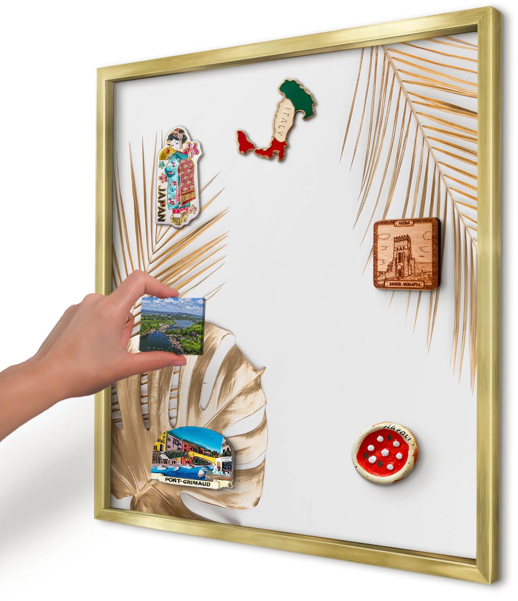 Artprintcave Wit Magneetbord mit Gouden Frame - 50x50 cm - Elegante Bladeren Notitiebord - Minimalist Magnetisch Bord - Bloemen En Planten
