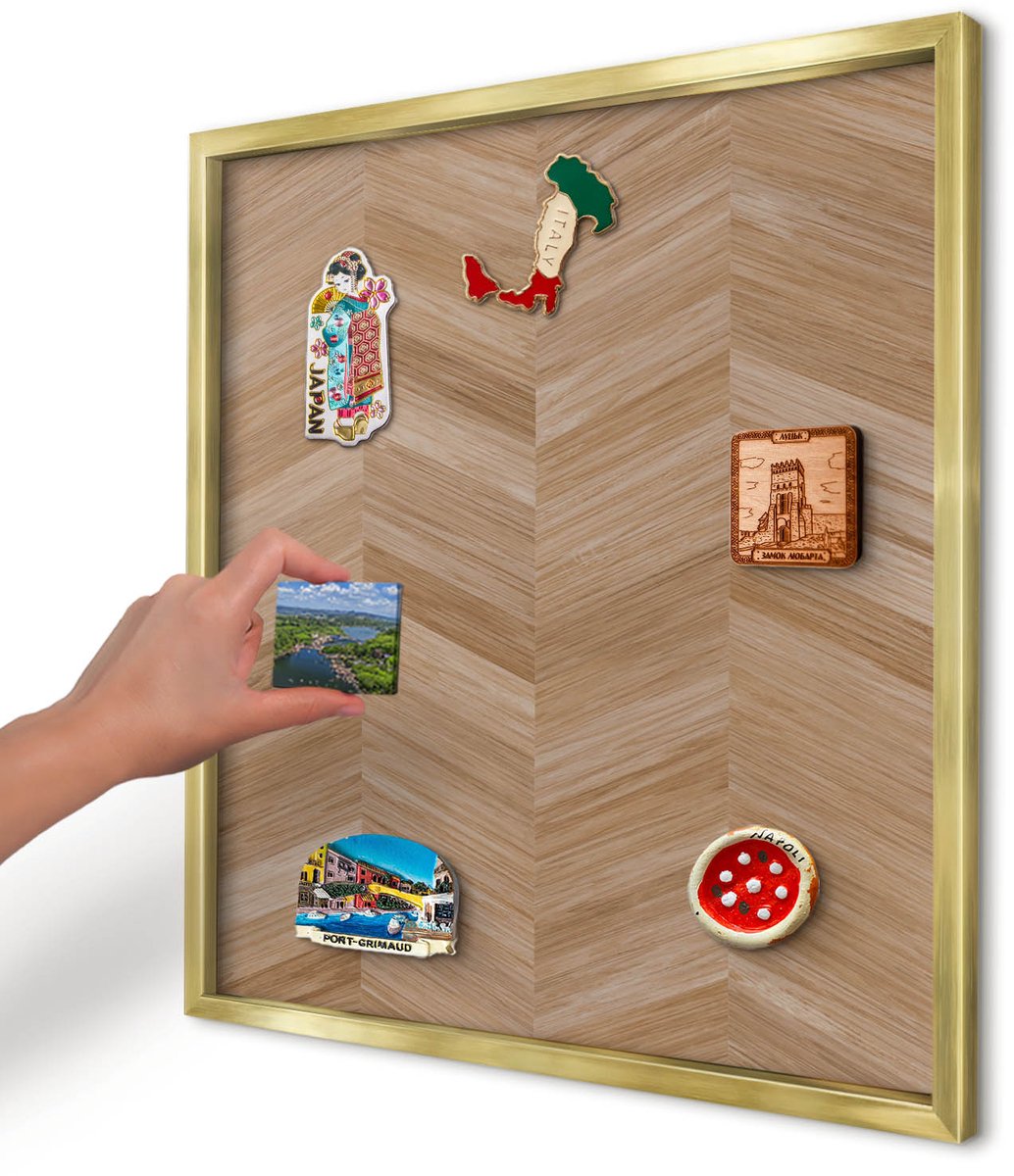 Artprintcave Bruin Magneetbord mit Gouden Frame - 50x50 cm - Houten Visgraatmotief Bord Voor Magneten - Rustiek Memobord Keuken - Texturen