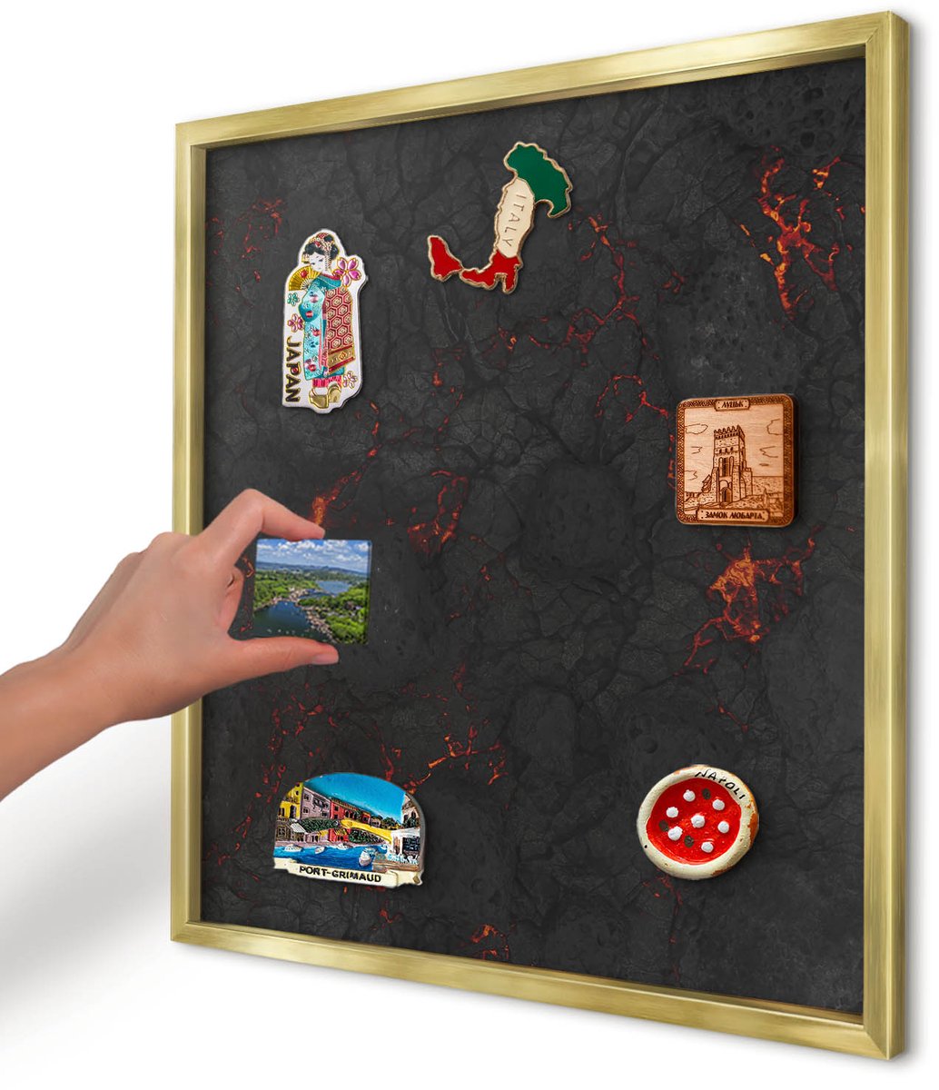 Artprintcave Zwart Magneetbord mit Gouden Frame - 50x50 cm - Vulkanische Lava Bord Voor Magneten - Abstract Magneetbord Voor Keuken - Natuur