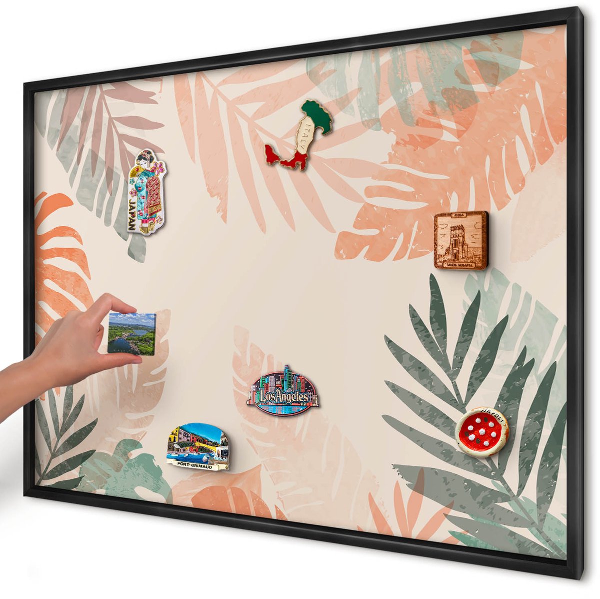 Artprintcave Beige Magneetbord mit Zwart Frame - 100x70 cm - Tropische Bladeren Magnetische Organizer - Modern Magneetbord Voor Foto's - Bloemen En Planten