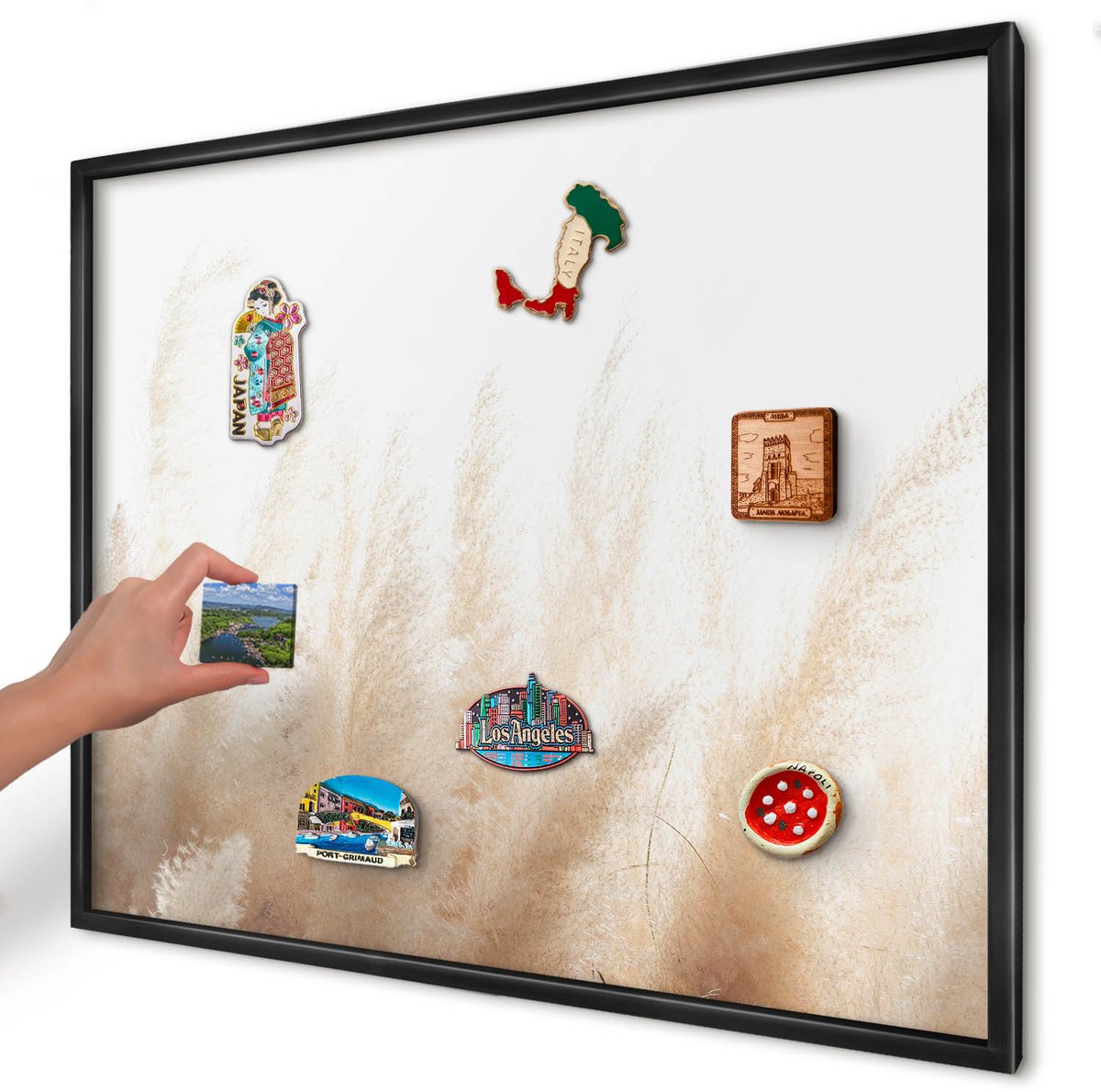 Artprintcave Beige Magneetbord mit Zwart Frame - 80x60 cm - Essentiële Grassen Magneet Bord mit Frame - Minimalist Memobord Keuken - Bloemen En Planten