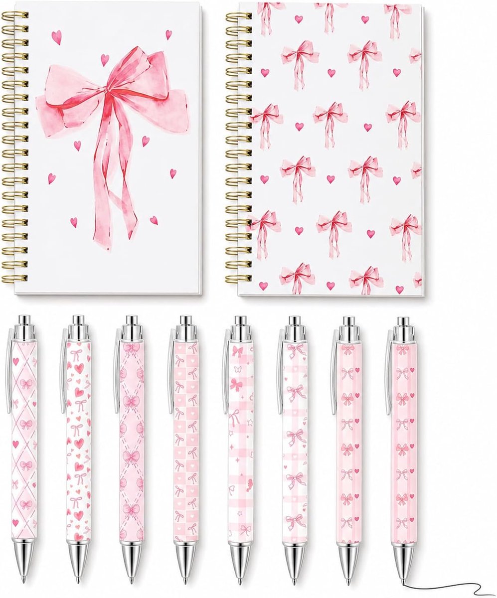 Balkleurige balpennen set - 8 stuks roze balpennen - 2 spiraalblok A5 notitieboeken - perfect voor meisjes - ShopVlot