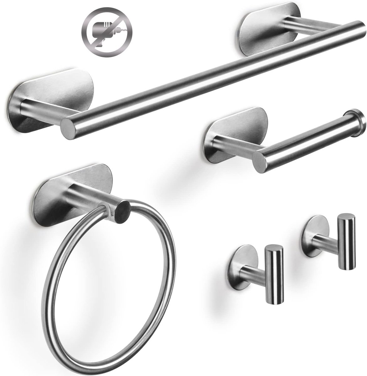 SnelShoppen - Handdoekrek Set 5 Delen Badkamer Accessoires Handdoekrails Handdoekring Toiletpapier Houder 2 Handdoekhaken Geen Boren Nodig Wandbevesti