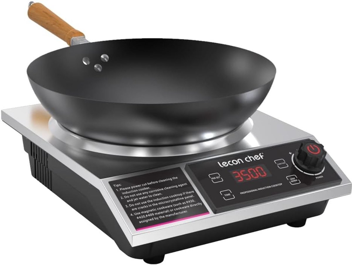 Inductiekookplaat - Halfronde Kristalplaat - 3500W - Met Koolstalen Wok - Voor Thuis en Camping