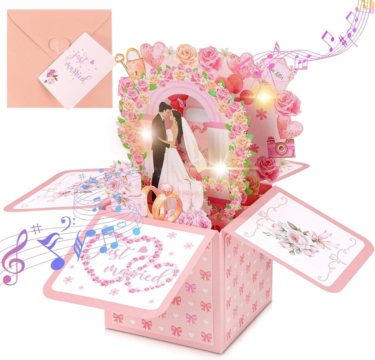 Bruiloftskaart met muziek en licht - 3D pop-up kaart - herinneringsdoos met envelop - onvergetelijke bruiloft - SnelShoppen