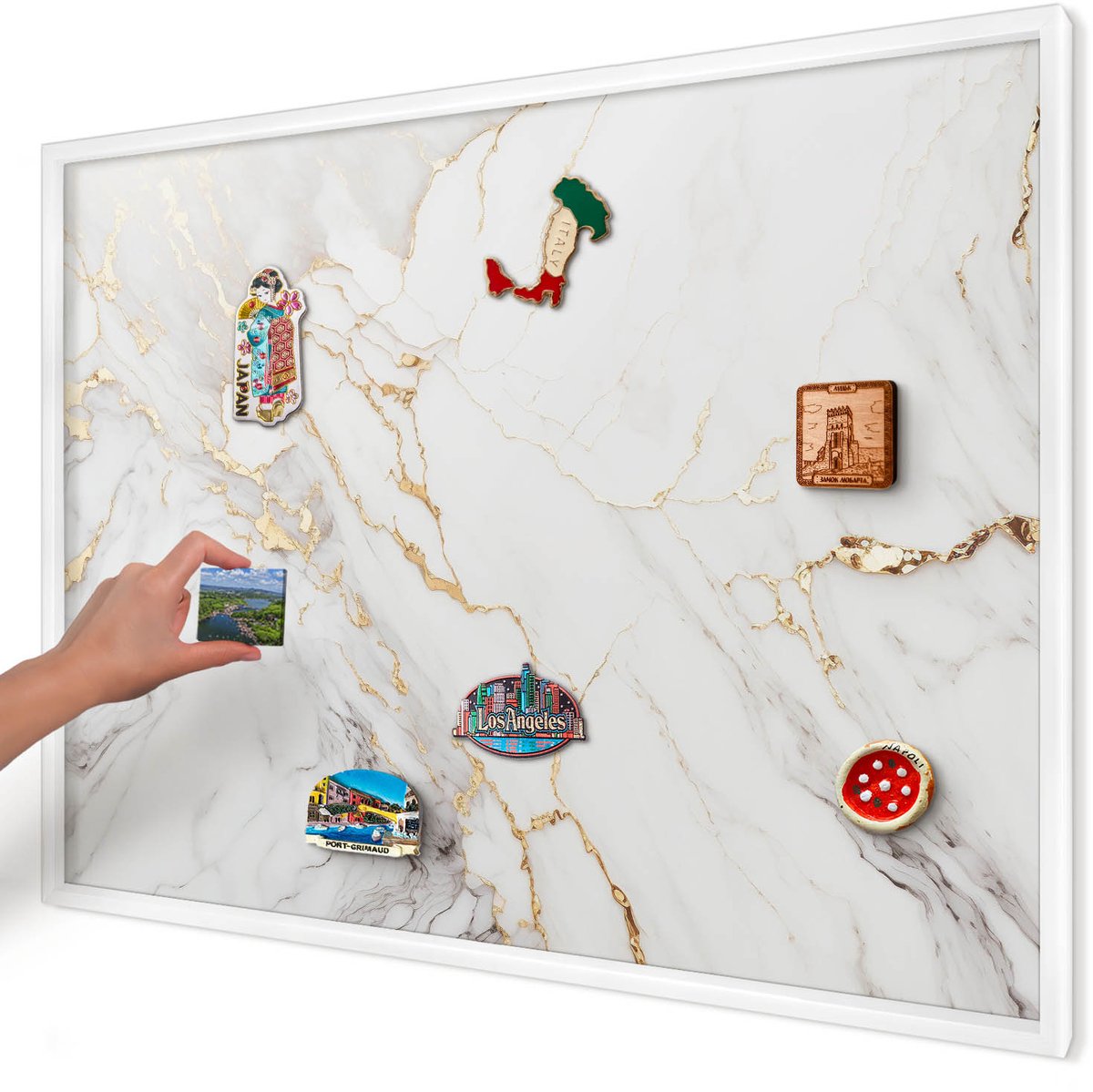Artprintcave Wit Magneetbord mit Witte Lijst - 100x70 cm - Marmeren Elegantie Magnetisch Bord Voor Magneten - Klassiek Memobord Keuken - Texturen
