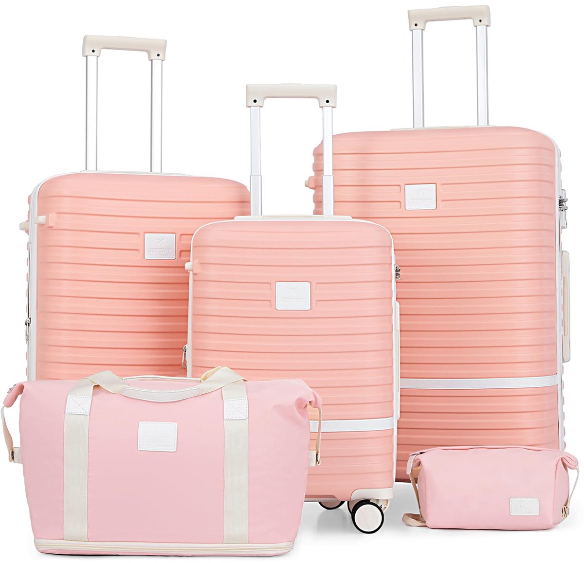 SnelShoppen - Joyway Reiskoffer ABS-kunststof, uittrekbaar met TSA-slot, 4 wielen, 5-delige handbagageset, roze/beige, inclusief reistas en toilettas,