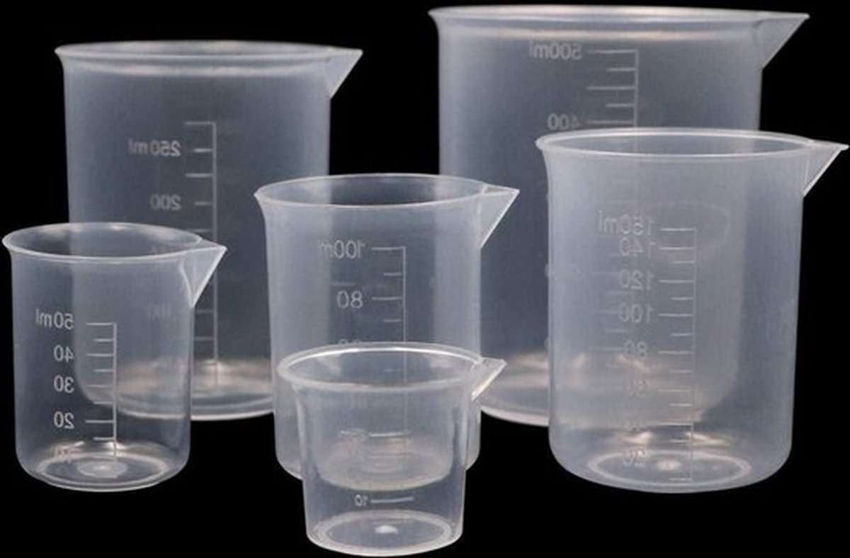Maatbekerset kunststof 6 stuks - 25 ml, 50 ml, 100 ml, 150 ml, 250 ml, 500 ml